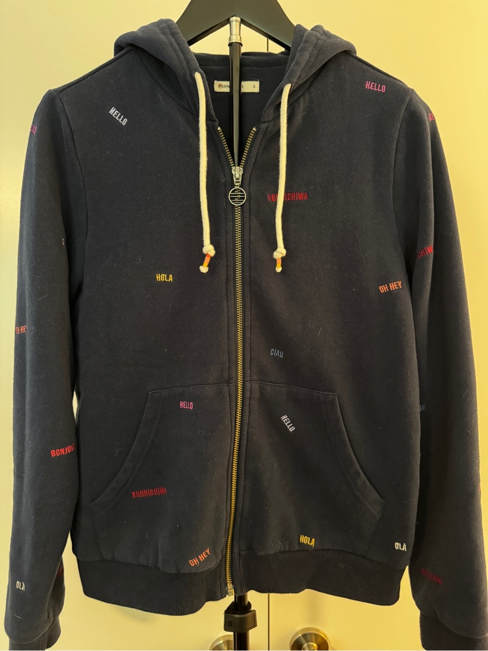 Marine Layer Navy Zip-Up Hoodie with Multicolor Greetings Embroidery